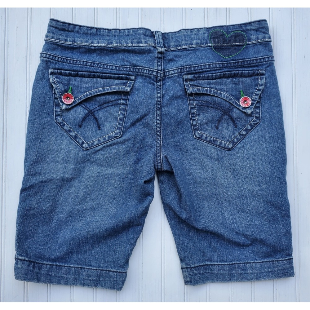 No Boundaries Blue Denim Bermuda Shorts Heart Cherry Y2K Embroidered Juniors 11 - Picture 8 of 8